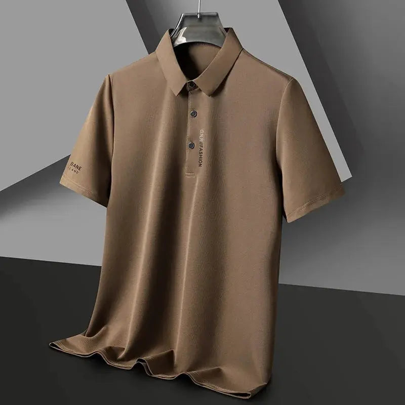 Men's brown ice silk polo shirt with short sleeves and collar, hanging on a hanger