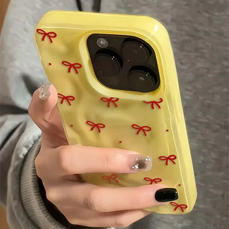Red Bow Dots Folds Texture Case For iPhone 11 To 16 Pro Max Plus Shockproof Soft TPU Cover