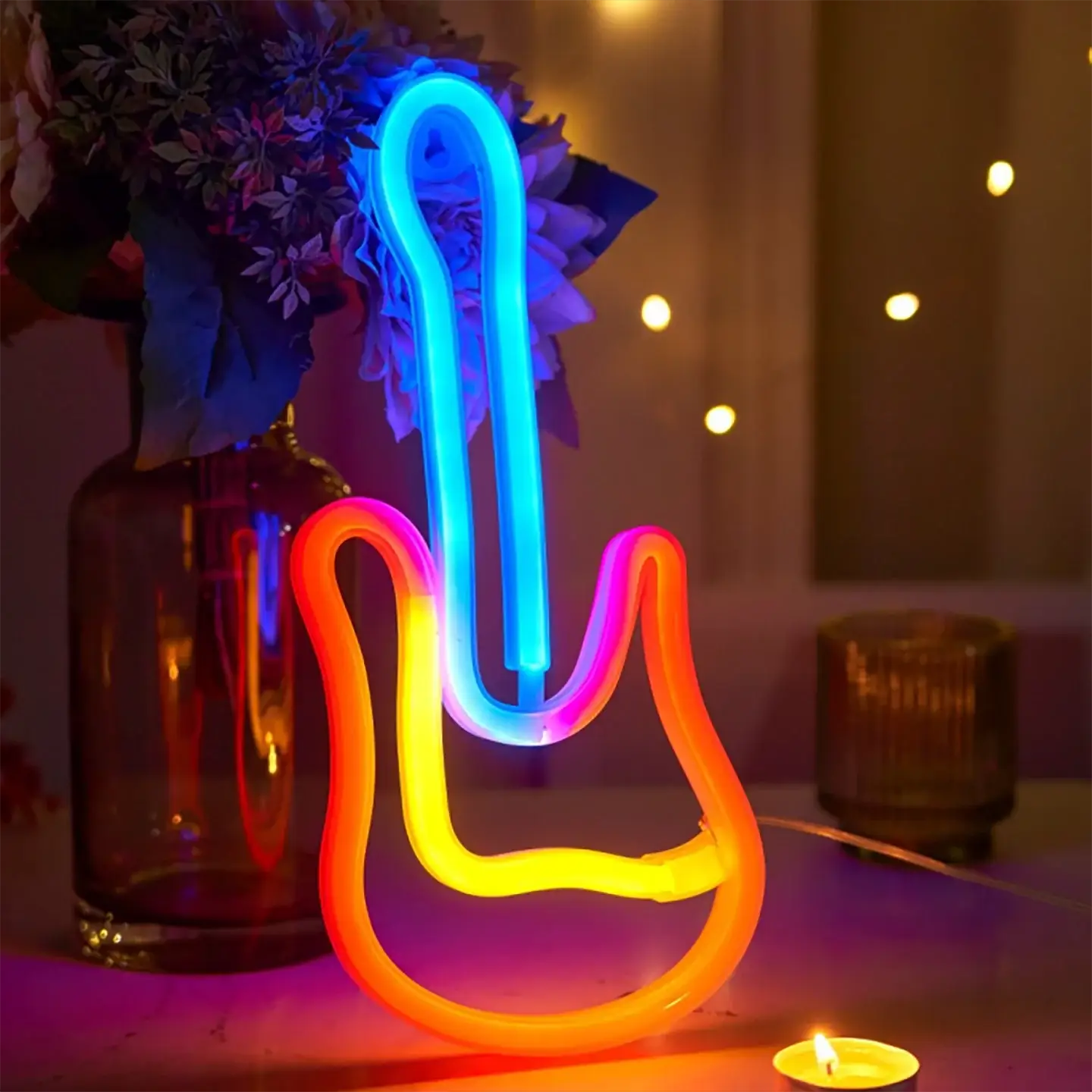 Decorative neon light with blue vertical glow and orange curved base, modern art wall decor, USB or battery powered.