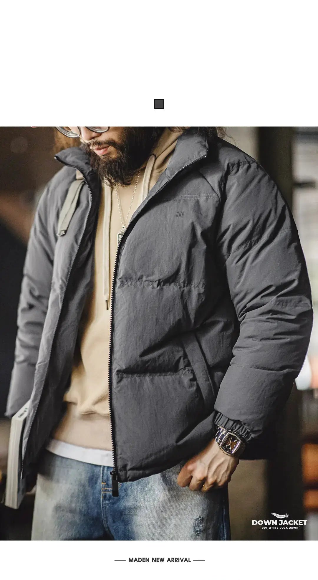 Maden Winter Down Jacket for Men, dark gray waterproof puffer with stand-up collar and white duck down filling