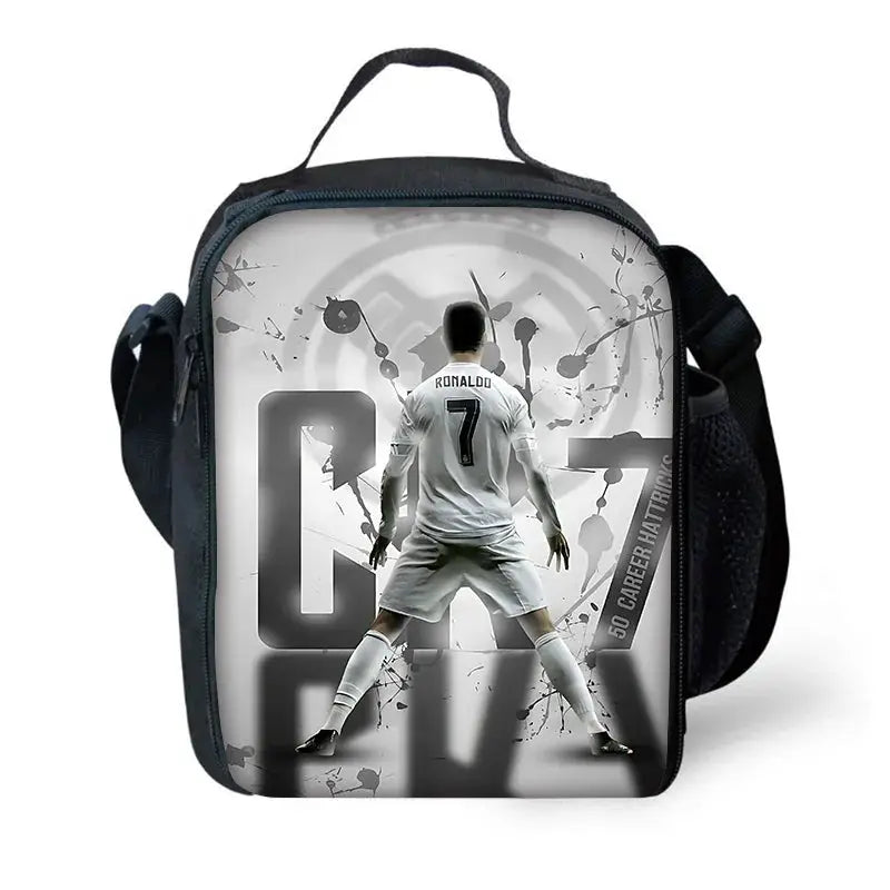 CR7 Ronaldo themed children's school backpack in black with grayscale Ronaldo graphic.