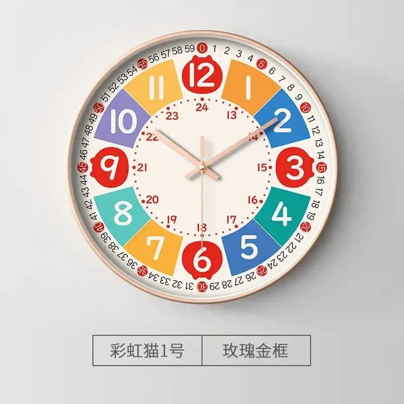 Silent teaching time clock for kids, 8-inch analog wall clock with multicolor hour blocks and pink hands