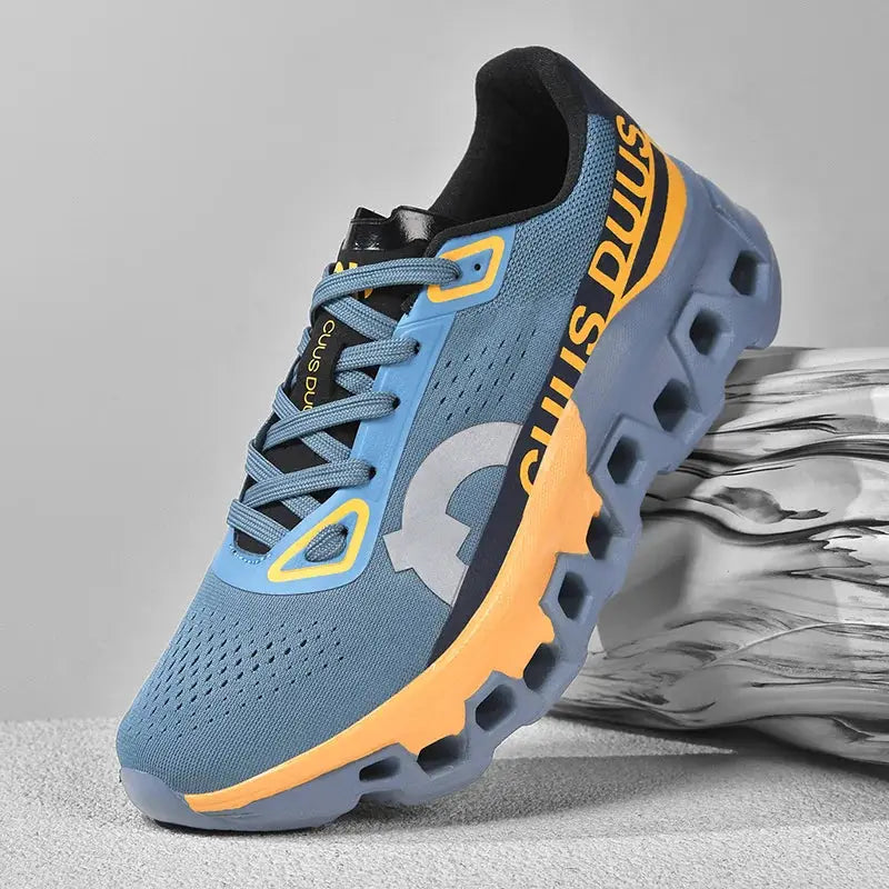 Men's running shoes by Simples Market with breathable blue mesh upper and orange cushioned outsole off-road comfort.