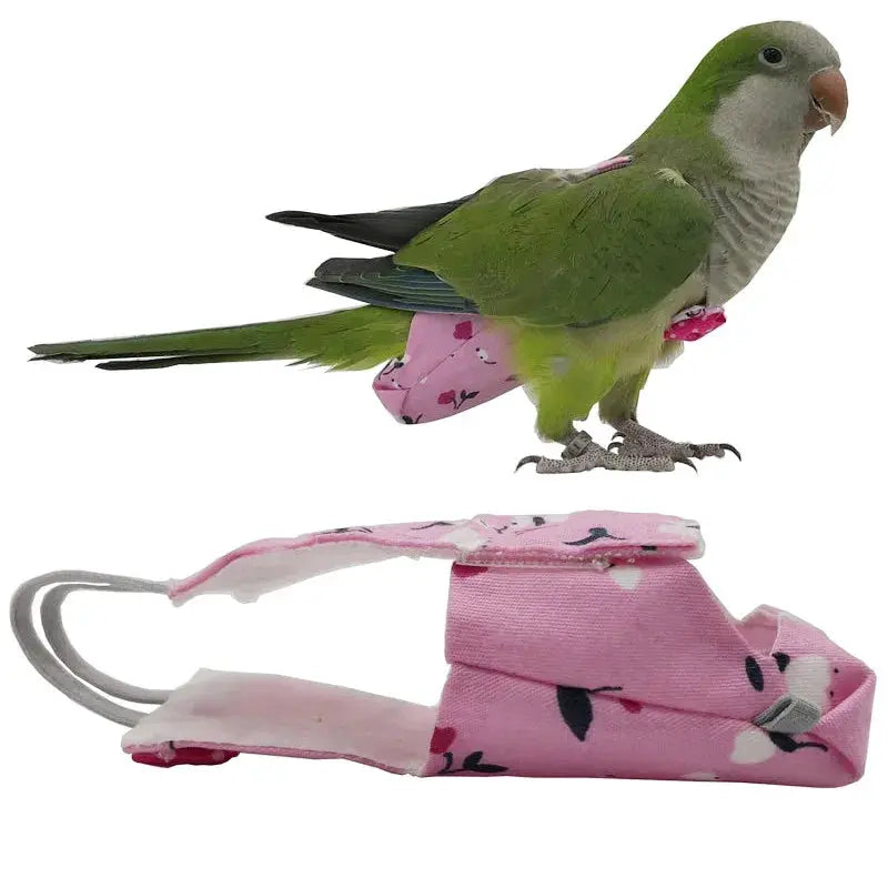 Parrot diaper with bowtie in pink floral fabric for small to large pet birds; Simples Market
