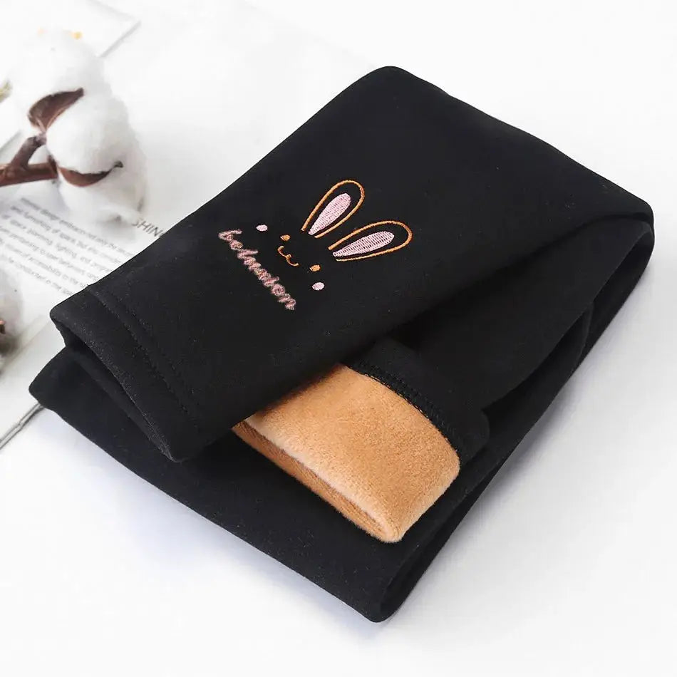 Girls 3 To 8 Years Fleece Lined Bunny Embroidered Leggings For Autumn Winter Thermal Tights