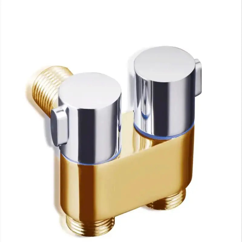 Dual-outlet wall-mounted shower bidet valve by Simples Market, chrome knobs and gold brass body.