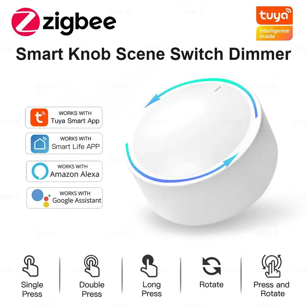 Tuya ZigBee smart knob dimmer switch; white knob with blue ring; works with Tuya Smart App, Alexa, Google Assistant.