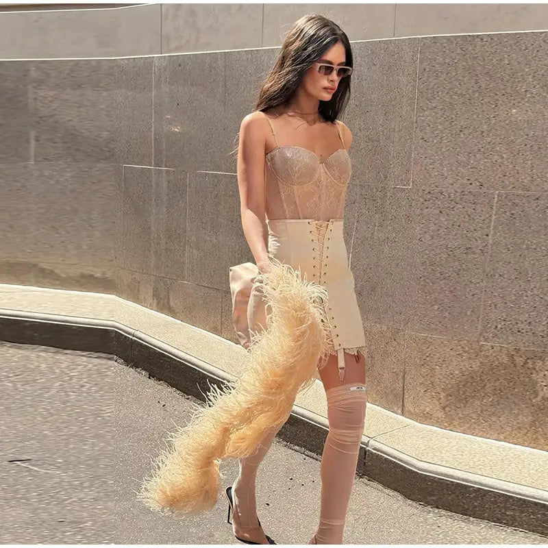 Women's beige lace patchwork skirt with corset-style lace-up front