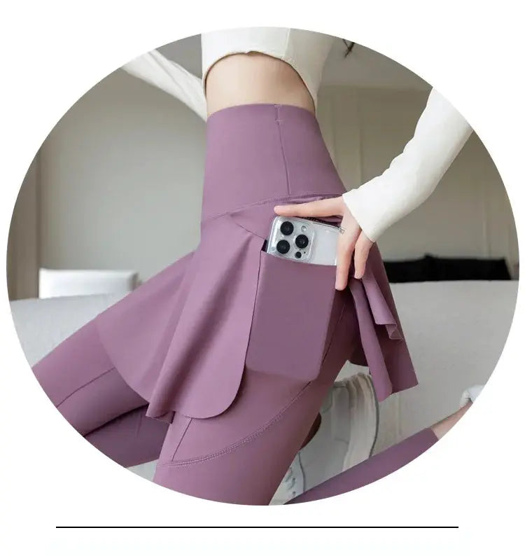 Simples Market women's high-waist seamless leggings with side pocket and faux skirt overlay in plum