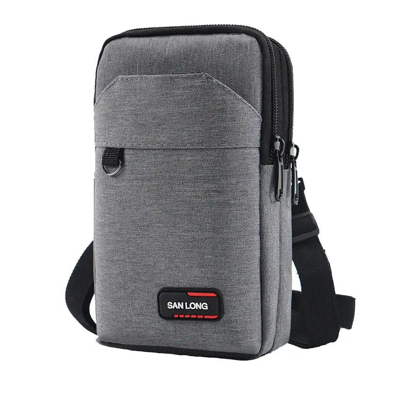 Men's gray waterproof tactical waist pack with crossbody strap, phone pouch, SAN LONG logo