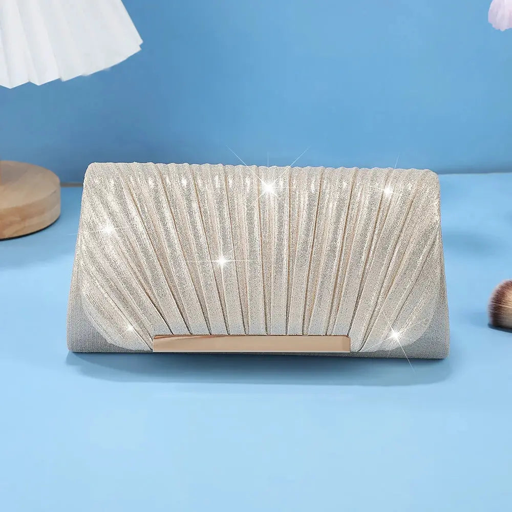 Simples Market sequined clutch bag in champagne gold, elegant evening purse with pleated sunray design