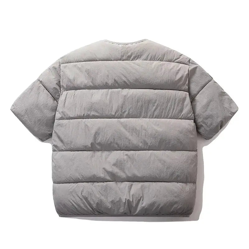 Cotton-padded vest by Simples Market, grey, unisex warm waistcoat, back view.