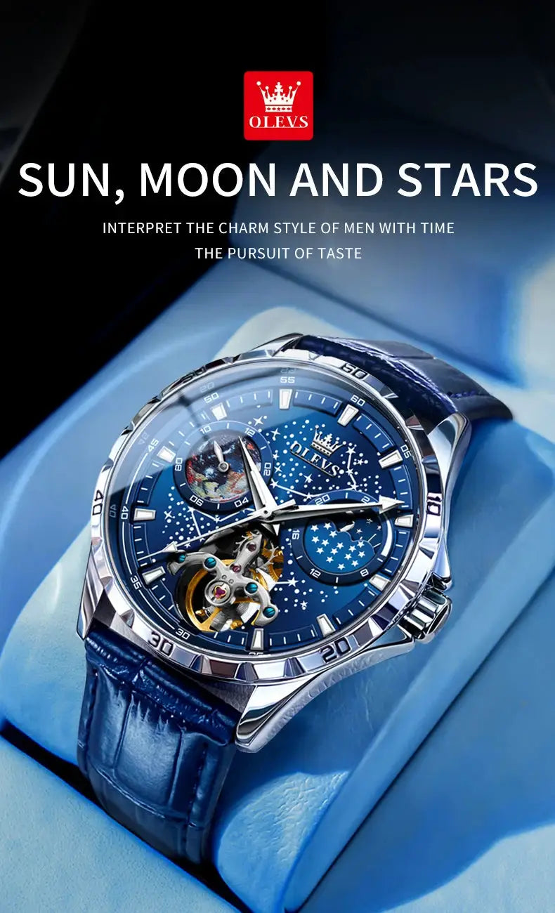 OLEVS flywheel skeleton automatic men's wristwatch with blue starry sky dial and blue leather strap