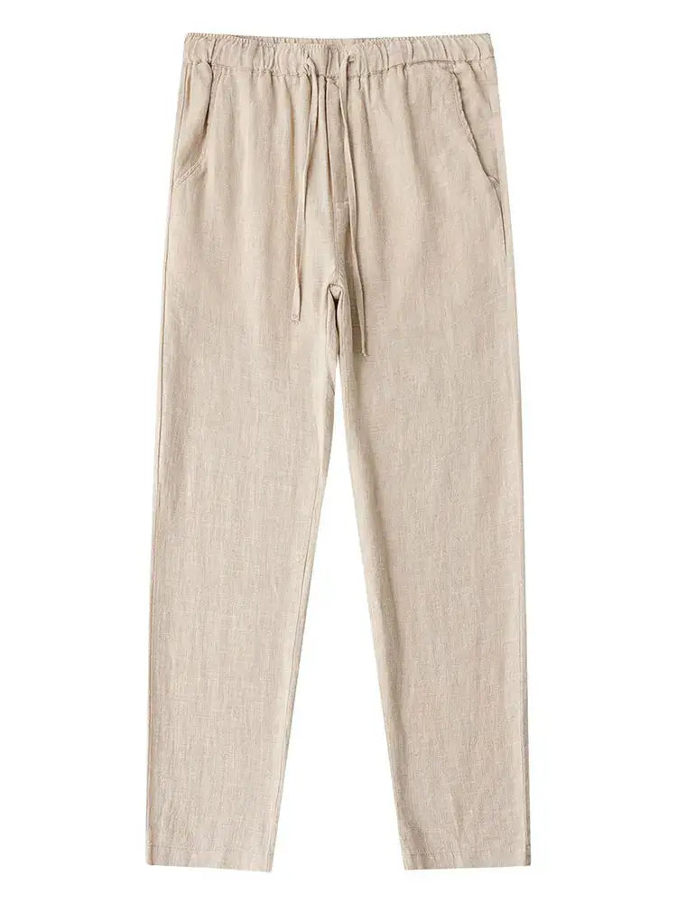 Casual cotton-linen chinos with drawstring waist for men, beige wide-leg pants