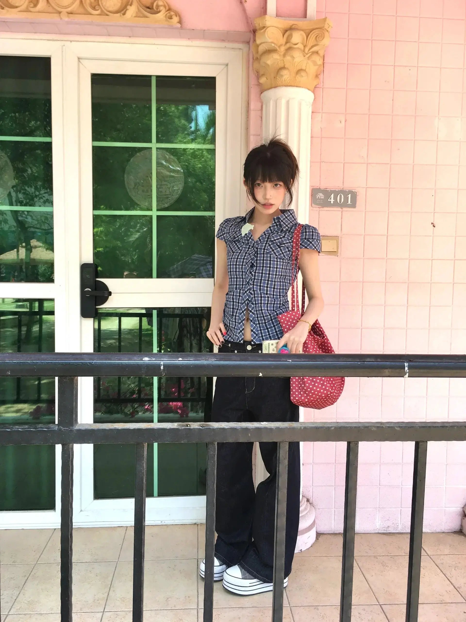 Karrram Japanese Y2k plaid shirt, navy and white check, short sleeves, tied at the waist