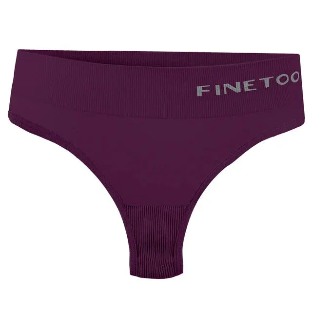 Thong underwear in burgundy, FINETOO brand high-waist seamless style with ribbed waistband