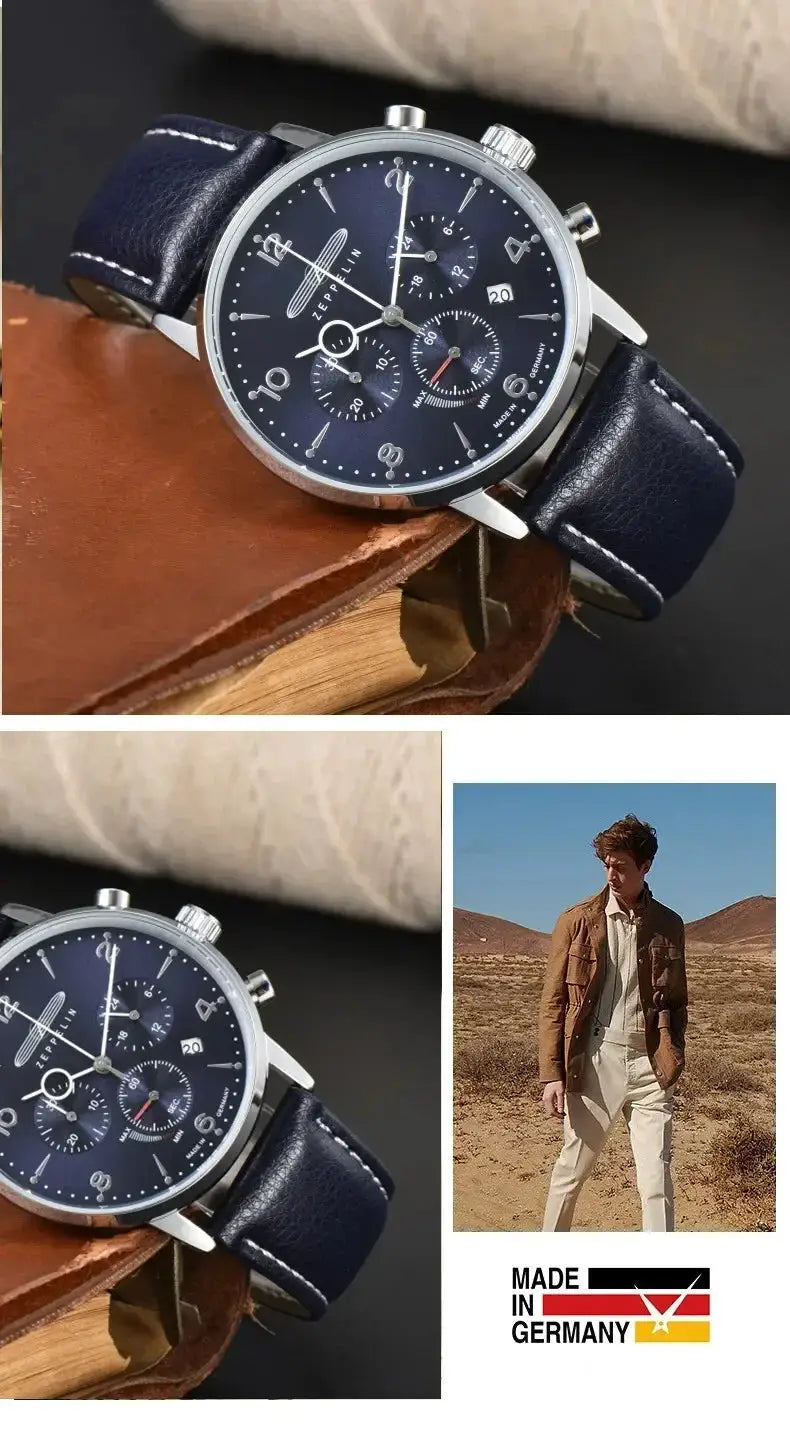 Zeppelin 8086-4 automatic date chronograph watch with blue dial and navy leather strap