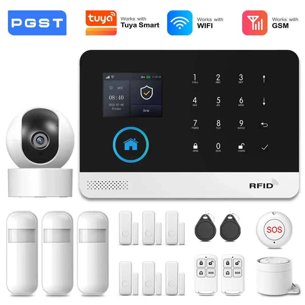 PGST wireless alarm system with 4G/2G, WiFi and GSM, PIR sensor, touchscreen panel, door sensors and remotes.