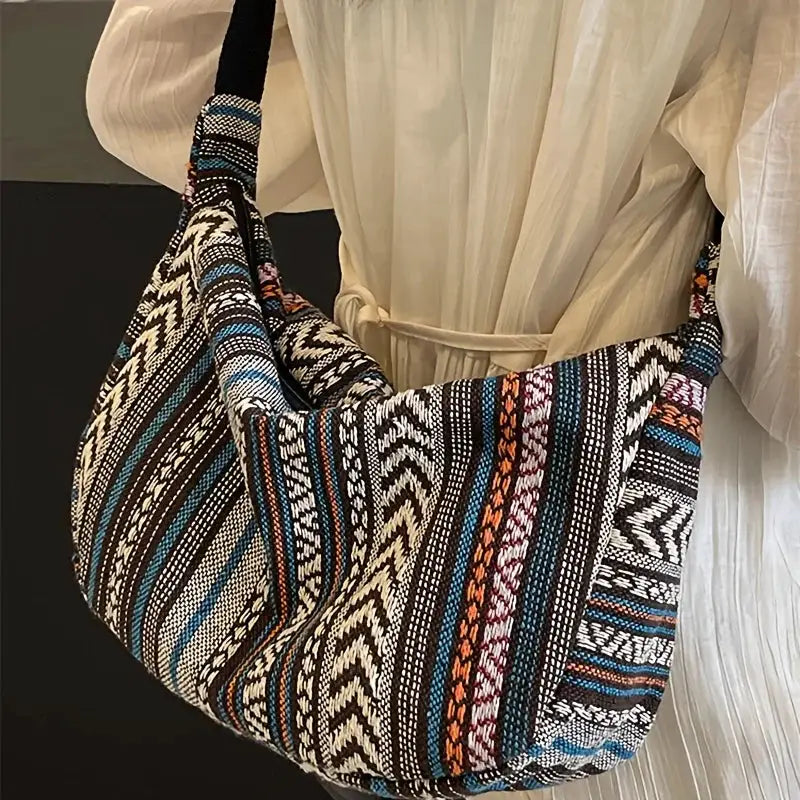 Tribal Style Foldable Crossbody Bag With Zipper Closure And Striped Flag Pattern Canvas
