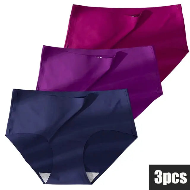 3-pack Simples Market plus-size women's seamless panties in ice-silk navy, purple, and magenta