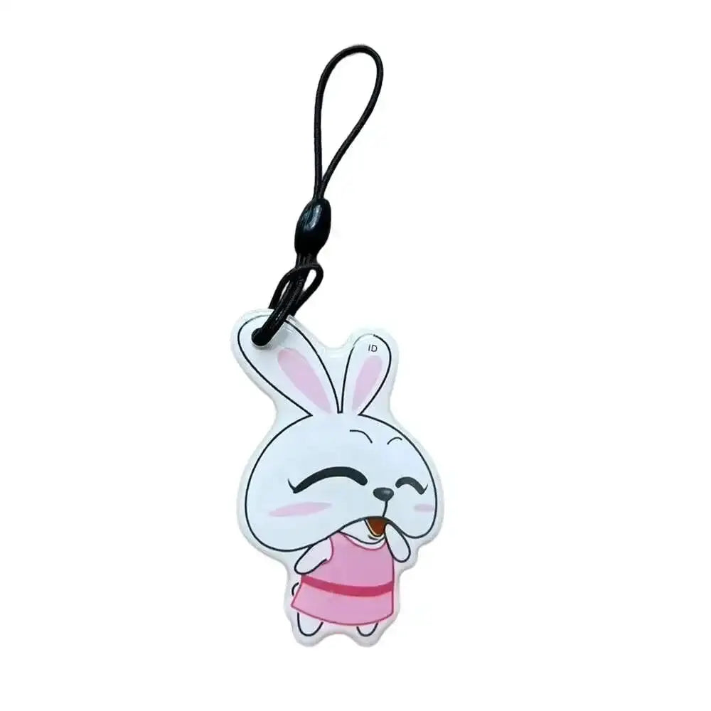 RFID key tag bunny charm; white bunny with pink dress and black strap, 125KHz EM4305/T5577