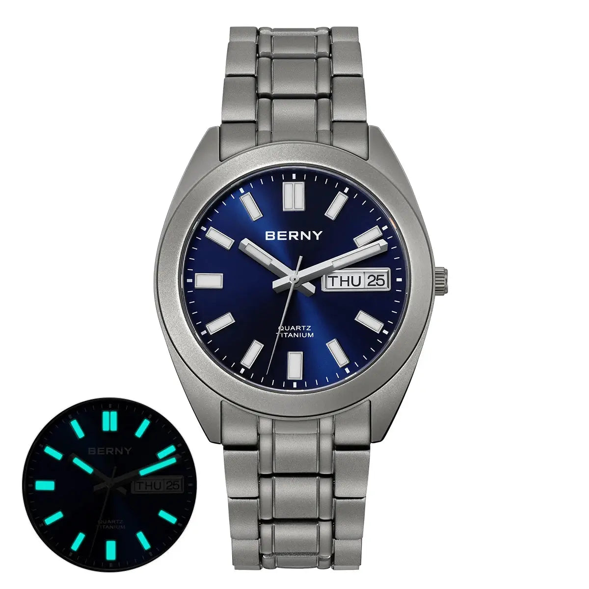 BERNY titanium men's wristwatch with blue dial, silver bracelet, day-date window, luminous markers