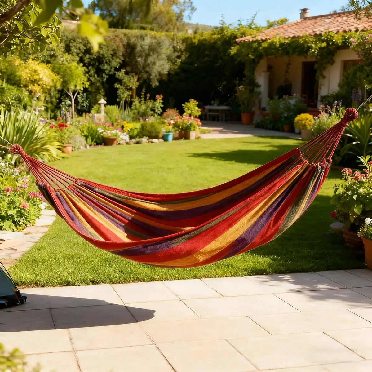 Double hammock canvas cotton, striped in red, blue, yellow and orange, hung in a sunny backyard garden.