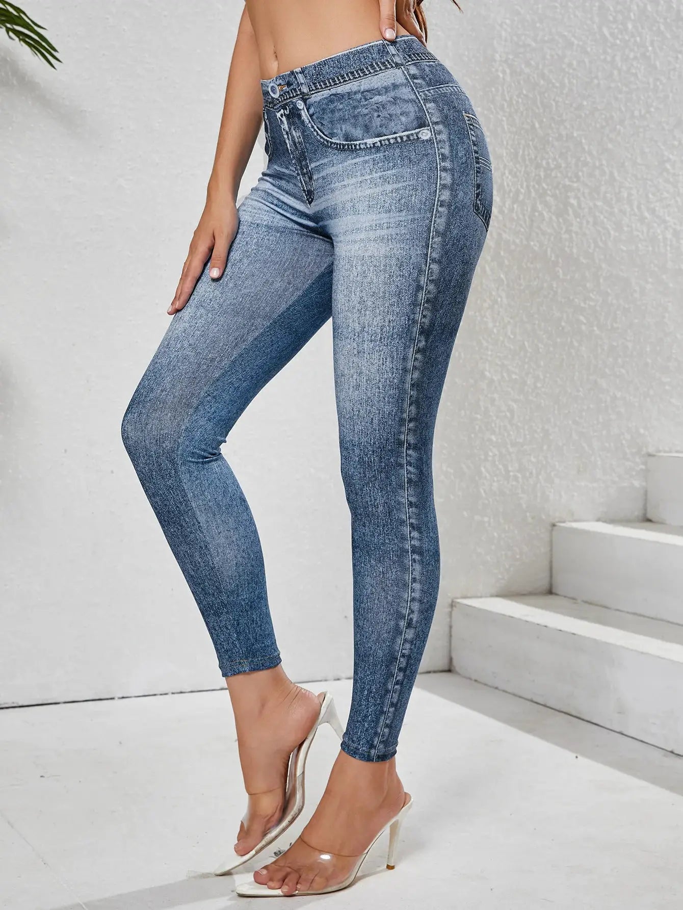 Women's imitation denim leggings with pockets in blue denim; high-stretch tummy control for gym and daily wear