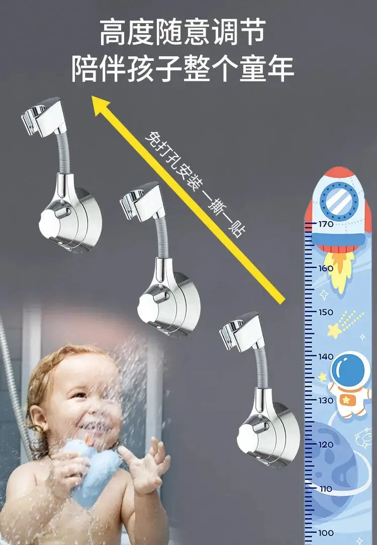 Chrome-finish suction-cup shower head holder set of four with flexible gooseneck and multi-angle rotation.