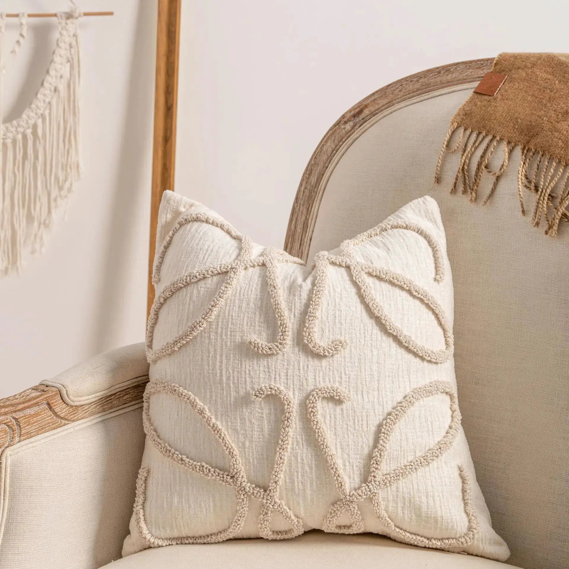 Pillow cover set of two, beige Bohemian style with braided rope trim