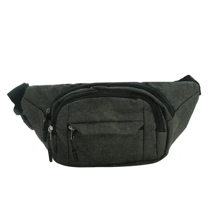 2024 mobile waist bag for men and women, large capacity belt bag in gray with anti-splash fabric and zip pockets.
