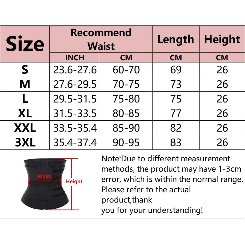 Waist trainer corset for men, black neoprene belt with size chart
