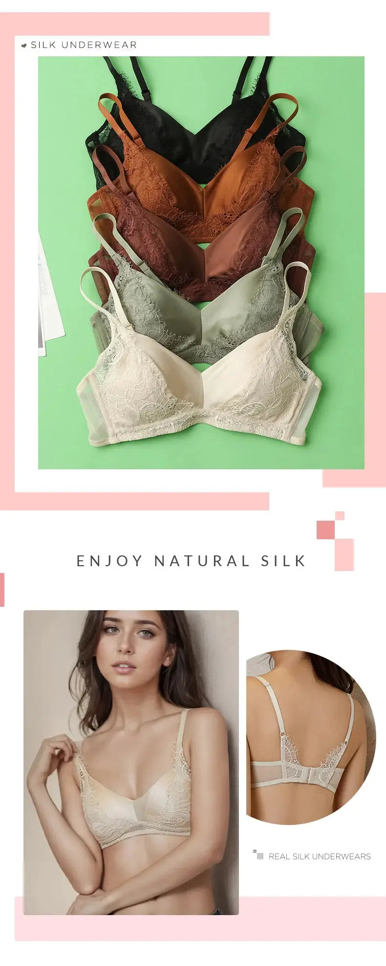 SuyaDream women's silk bras, five bras in assorted colors, lace-padded and wire-free, 93% silk 7% spandex.