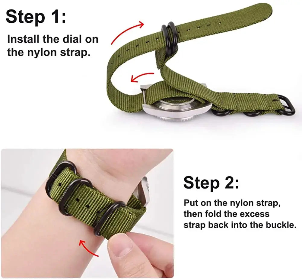 2026 TPW 40mm field watch with olive green fabric strap; shows strap installation steps by Simples Market.
