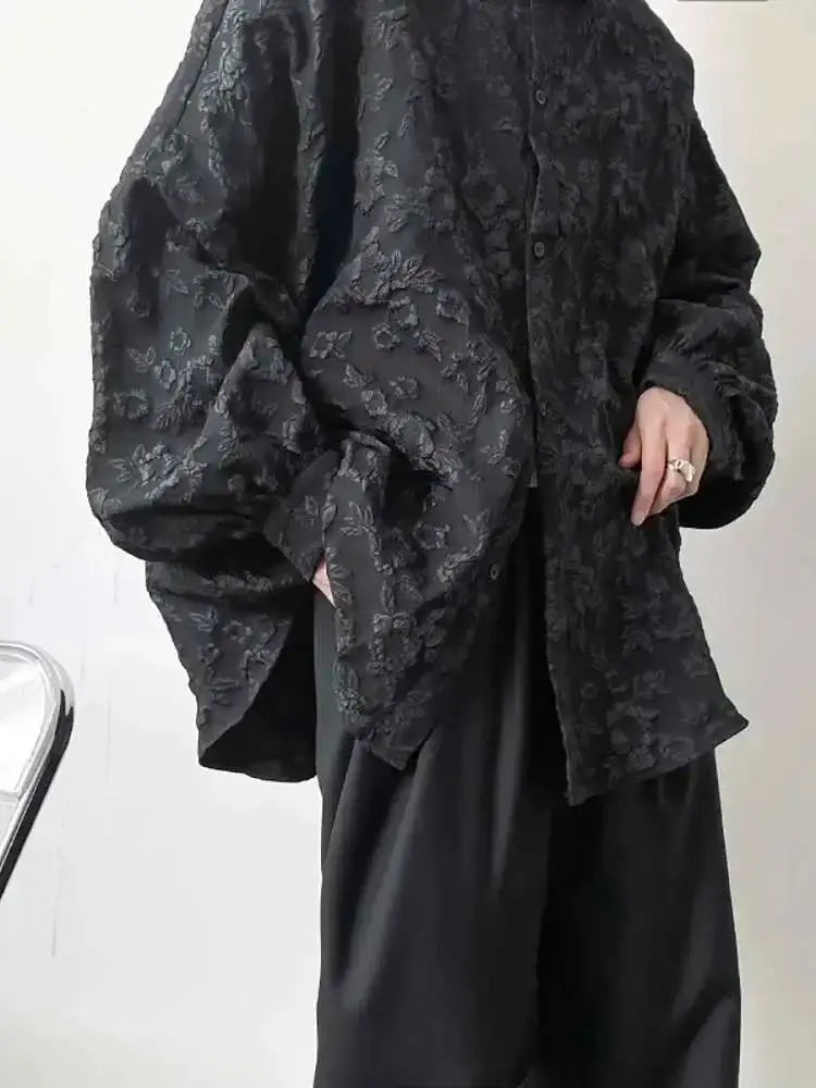 Jacquard shirt by Simples Market, 2XL black with textured floral pattern and bat-wing sleeves