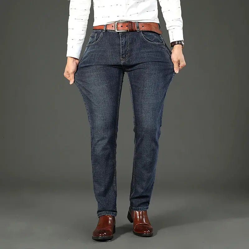 Men's dark blue denim jeans, straight fit with brown belt