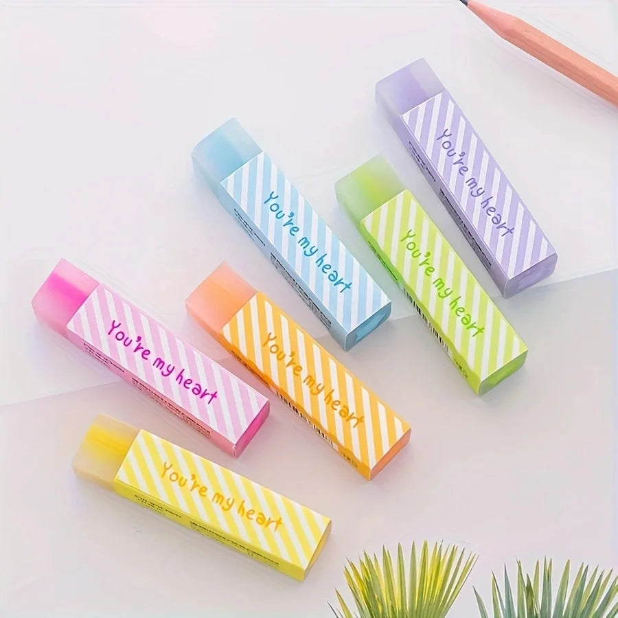 Simples Market heart-pattern erasers set, 6 pastel-colored erasers in striped boxes reading You're my heart.