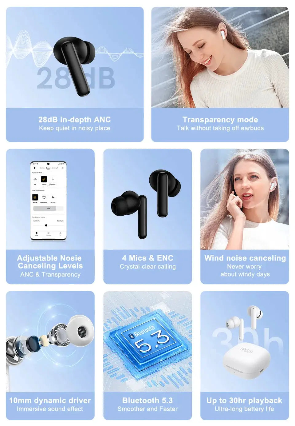 QCY T13 ANC wireless earbuds pair in black with 28dB in-depth ANC, ENC calls, Bluetooth 5.3, up to 30h playback