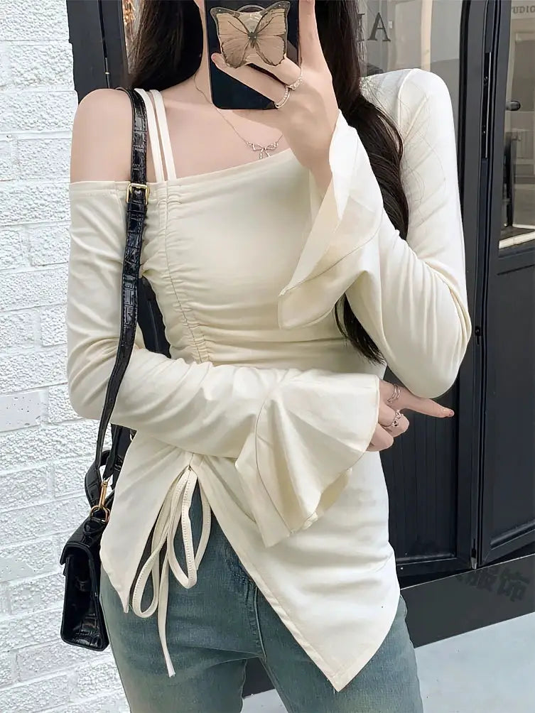 White Off Shoulder Top With Drawstring Ribbon Slim Fit Long Sleeve Body Tee With Elegant Flare Sleeve