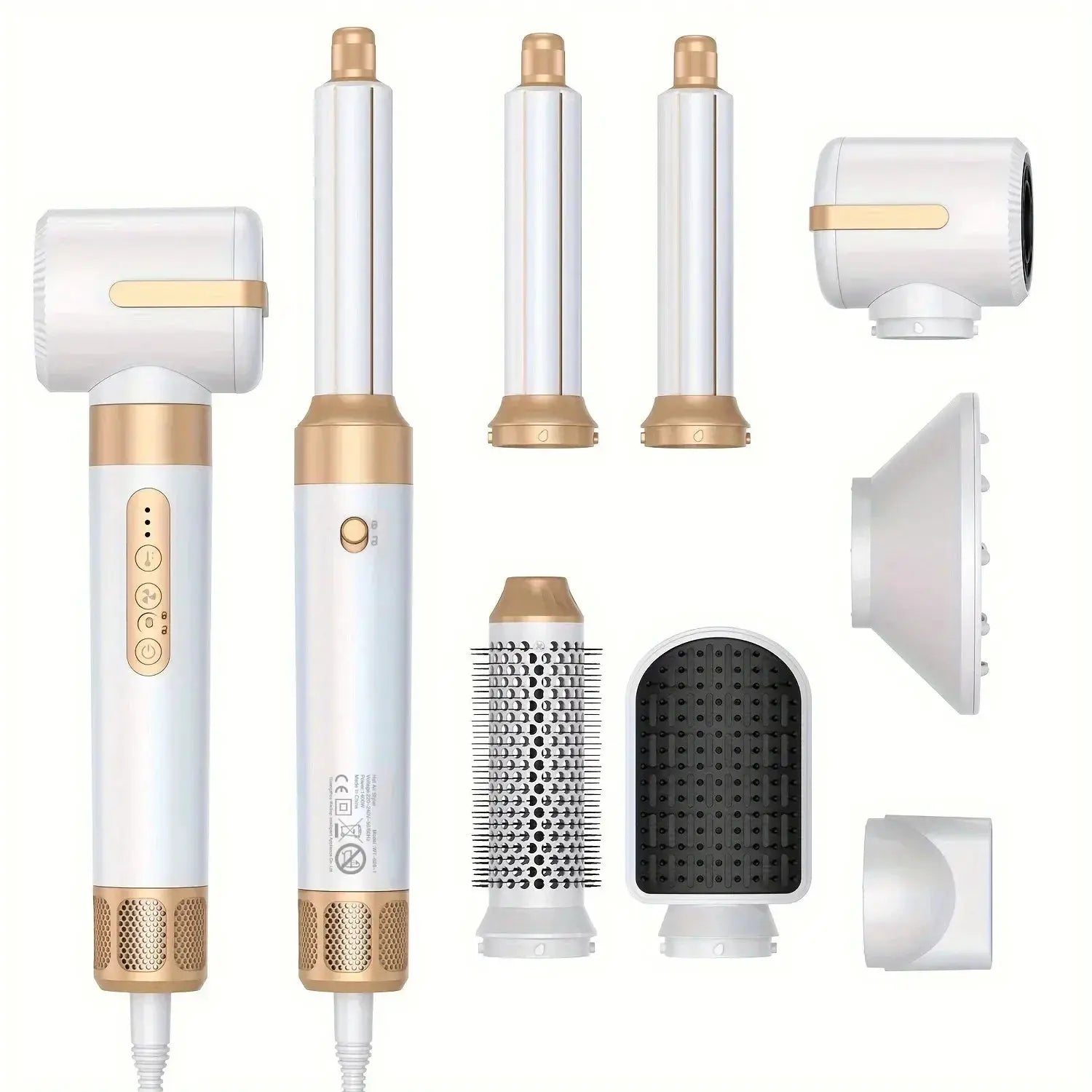 Simples Market Tinsol 7-in-1 hair dryer brush kit with diffuser and attachments in white with rose-gold accents