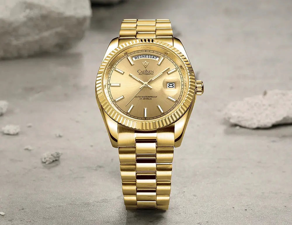 Cadisen DD40 gold-tone automatic wristwatch with fluted bezel, day/date display and sapphire glass