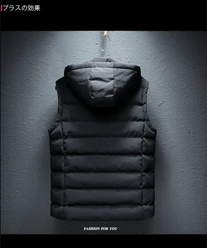 Men's black hooded sleeveless puffer vest, cotton-padded with zip front