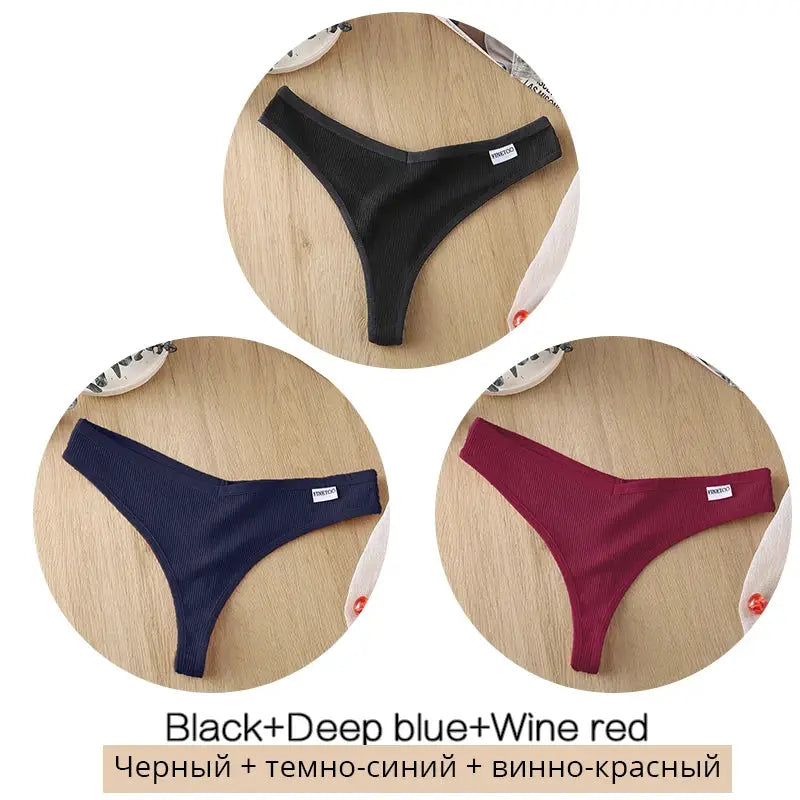 3-pack Simples Market cotton thong panties, low-waist G-string bikini in black, deep blue, and wine red