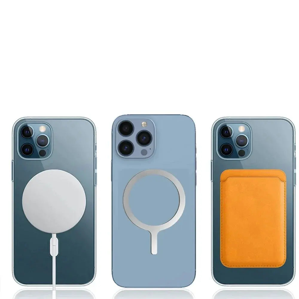 Universal MagSafe magnetic adapter ring for iPhone; three devices show white round magnet, silver ring, orange card holder