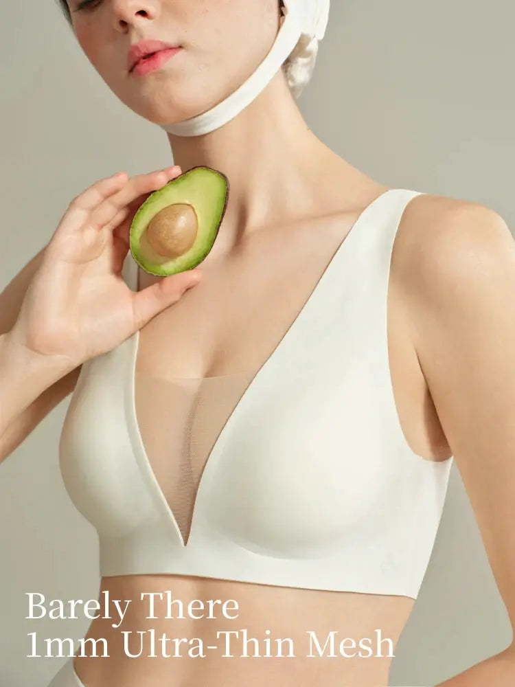 Seamless plunge push-up bra in white with wireless deep-V mesh panel