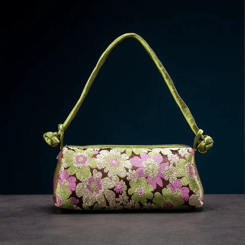 Shoulder bag with pink and green floral embroidery on gold satin, small purse with olive-green strap