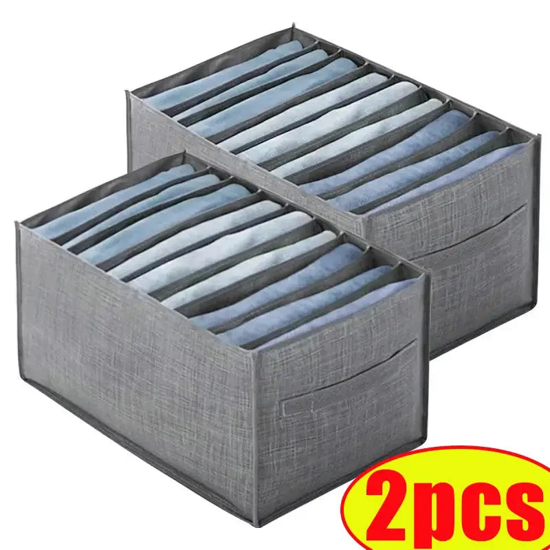Clothes organizer fabric storage drawers, gray, two side-by-side boxes for wardrobe organization, 2-pack
