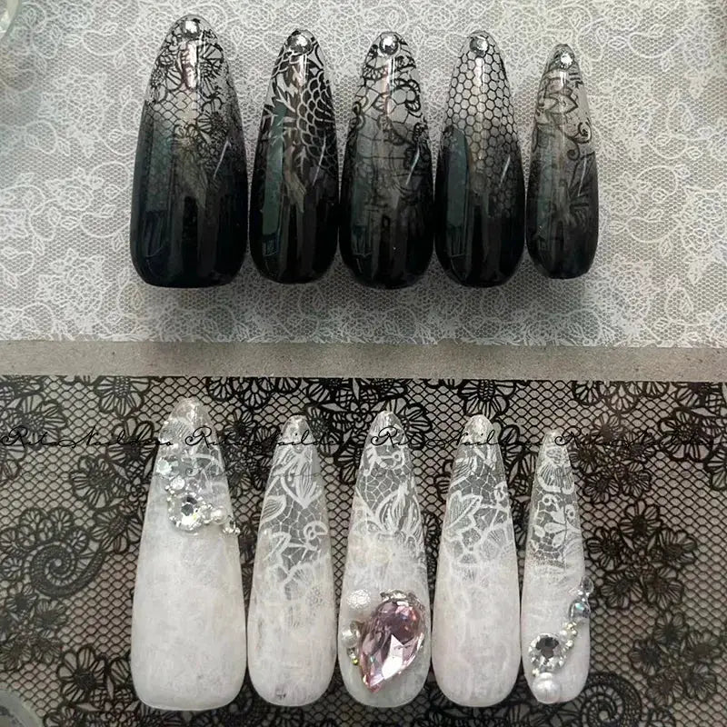 Nail transfer stickers set by Simples Market: 10 rolls of black and white lace full-wrap decals with rhinestone accents