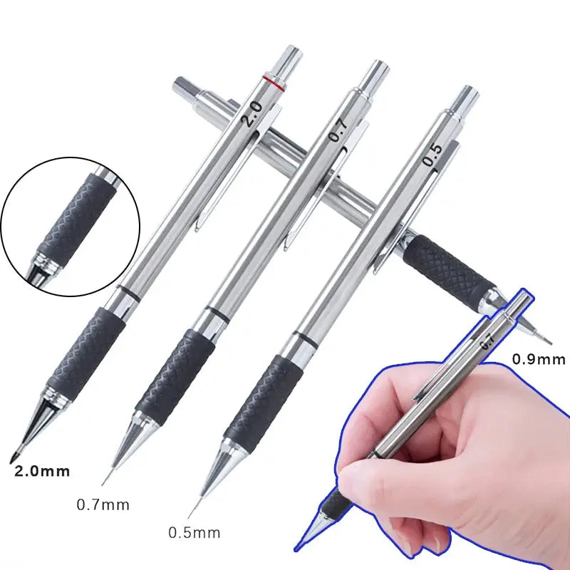 Metal mechanical pencil set with textured black grips; four pencils in 2.0, 0.7, 0.5, and 0.9 mm lead sizes