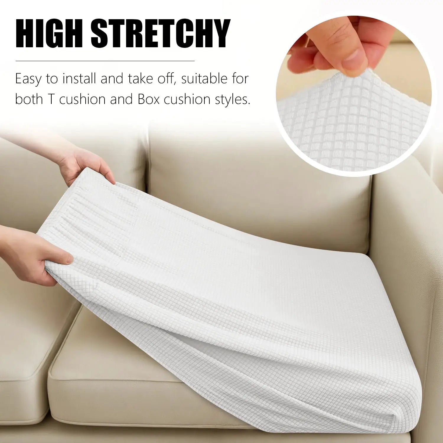 Sofa cushion cover kit for 1–4 seats; white jacquard waterproof slipcover on beige sofa with textured fabric